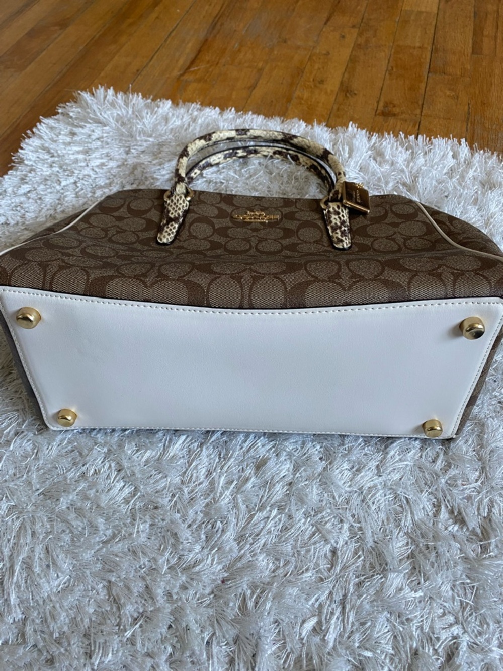 Coach Brown Signature Canvas Satchel with Snake-Print Handles and Gold Hardware - Picture 5 of 12